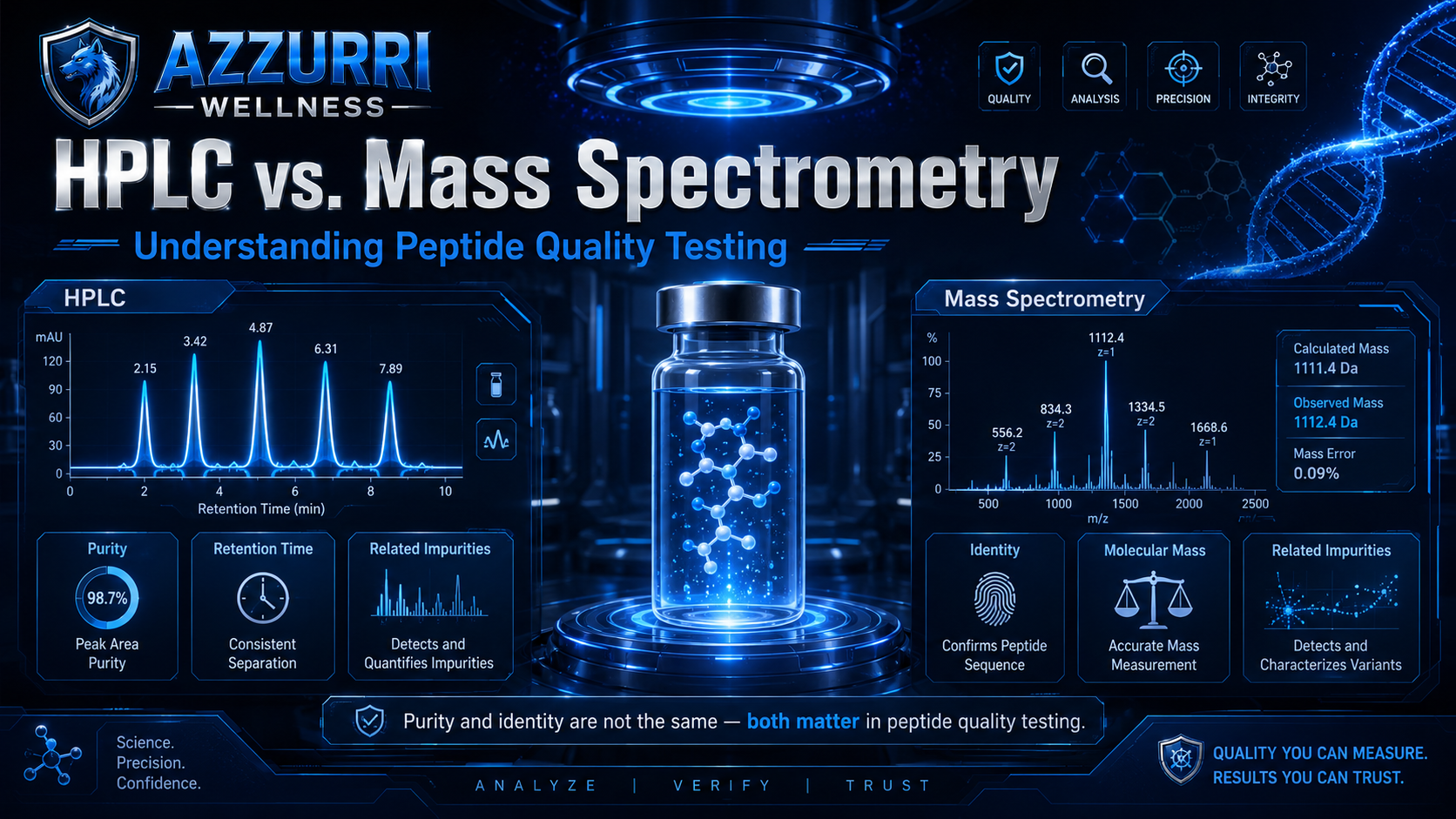 Peptide vial surrounded by an HPLC chromatogram and mass spectrometry data representing peptide purity and identity testing.